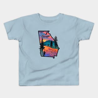 Fly Fishing Georgia State Map Mountain Sunset River Retro Kids T-Shirt